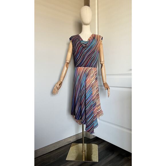 BCBG Maxazria Size 12 TEAL MULTI STRIPED DRAPED HANDKERCHIEF HEM 100% SILK VTG - Picture 1 of 16